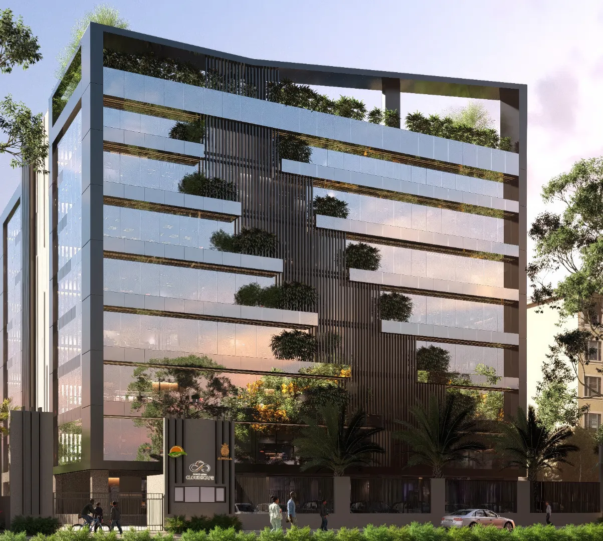 Modern glass office building with reflective façade, horizontal bands of windows, lush rooftop greenery, and palm trees lining the street in front