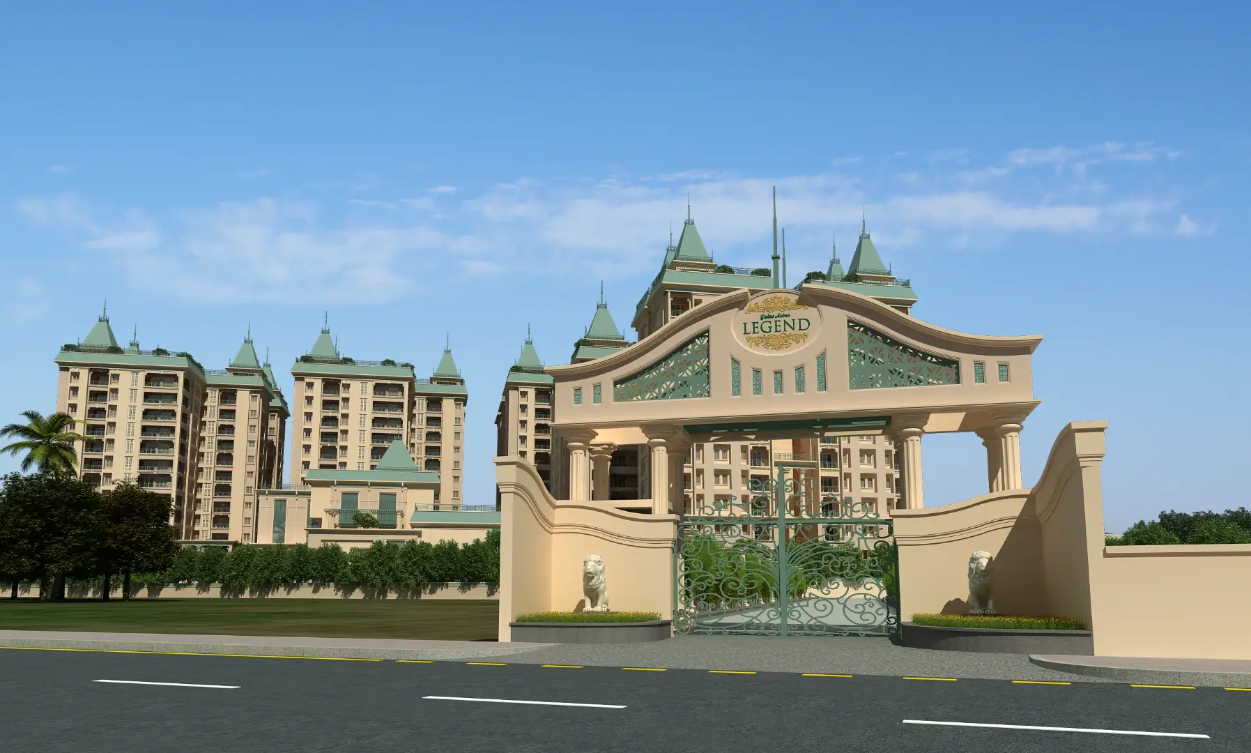Daytime view of a grand, palace-style residential complex with ornate entrance gate, multiple towers with green-topped roofs, and a wide road in front.