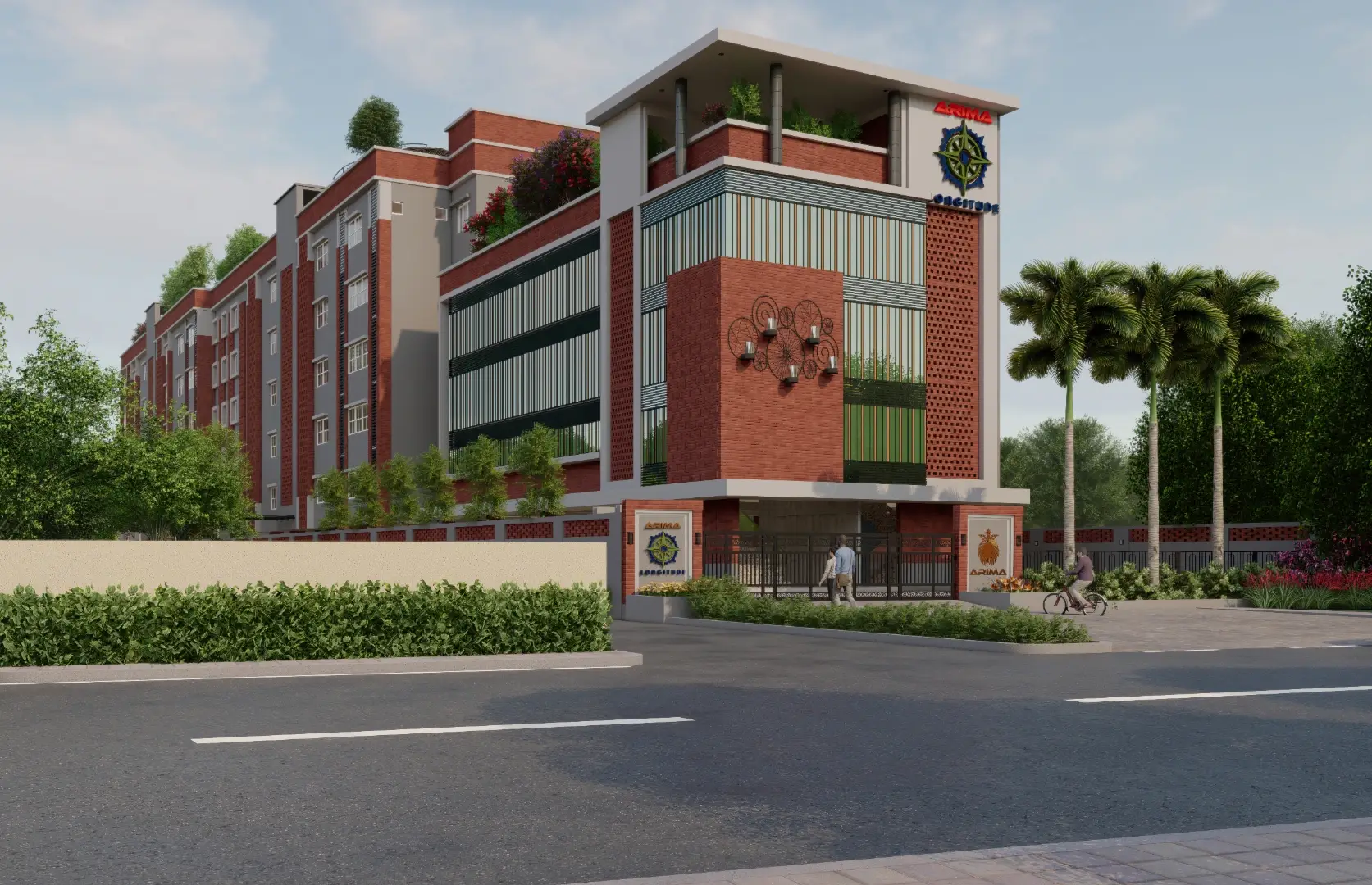 Street-level view of a modern red brick and glass institutional building with rooftop greenery, boundary wall, gated entrance, and palm trees in the background