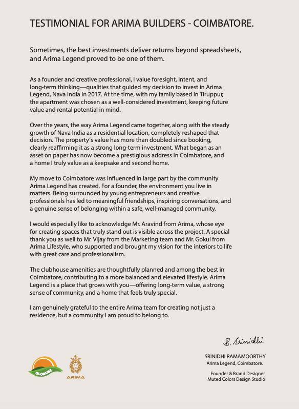 Testimonial page with a long-form personal story about investing in Arima Legend, describing the move to Coimbatore, community life, and satisfaction with the decision.